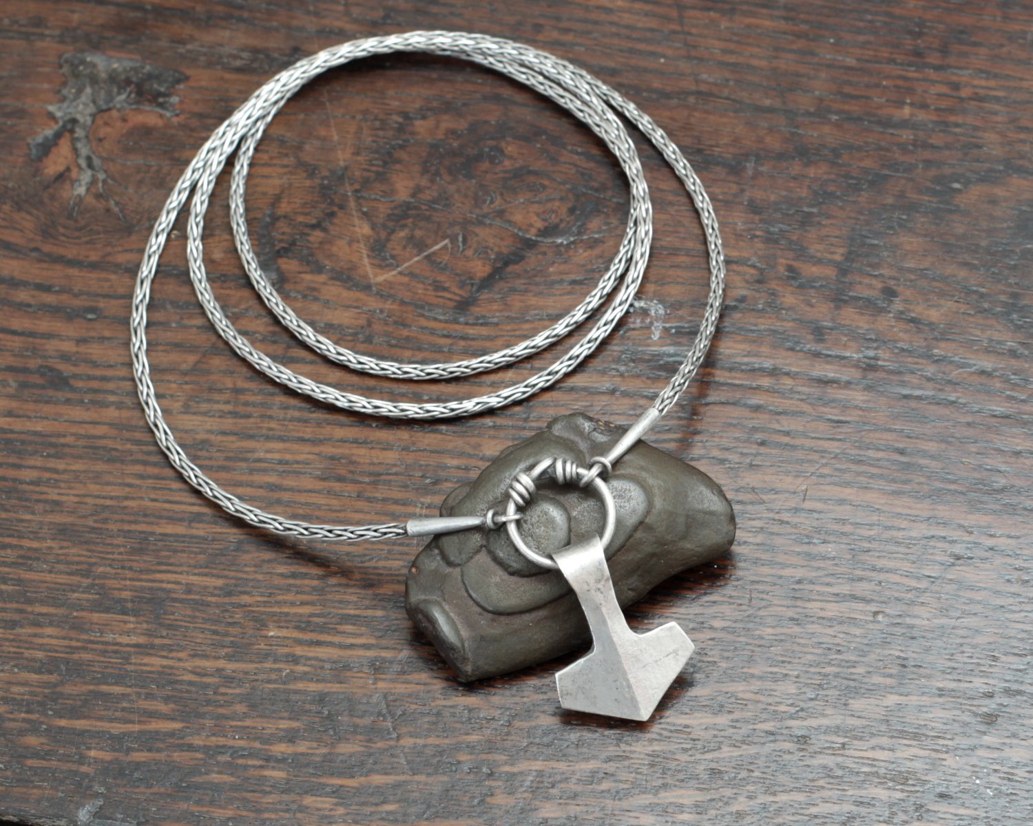 Forged silver mJolnir on a viking knit chain